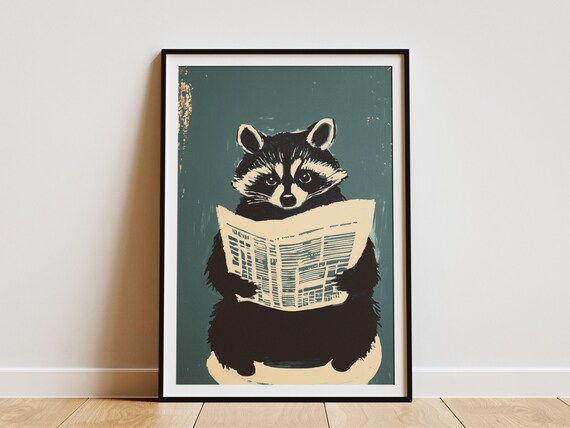 Raccoon Reading Newspaper On Toilet Dark Teal Bathroom Poster