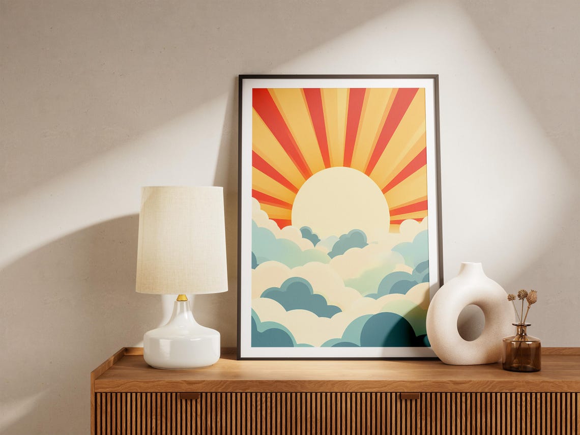 Sun Rays Through Clouds Posterabstract Sunrise Art Printmid Century Modern Sun Printboho Sun Wall Artyellow Orange Decorsummer Posternature - Image 5