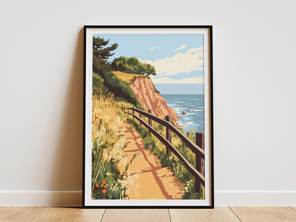 Cliffside Path Along Ocean Overlook Coastal Trail Illustration Poster