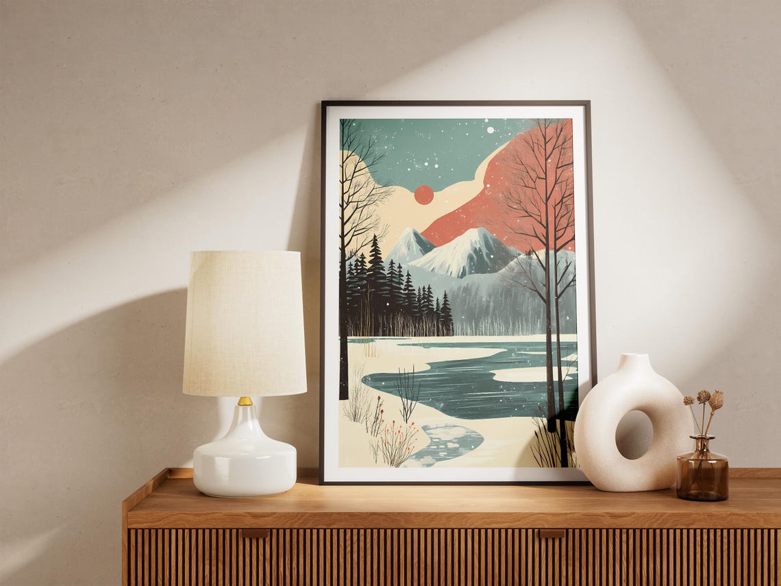 Frozen Lake Beneath Snowy Peaks Under a Terracotta Evening Sky Poster - Image 5