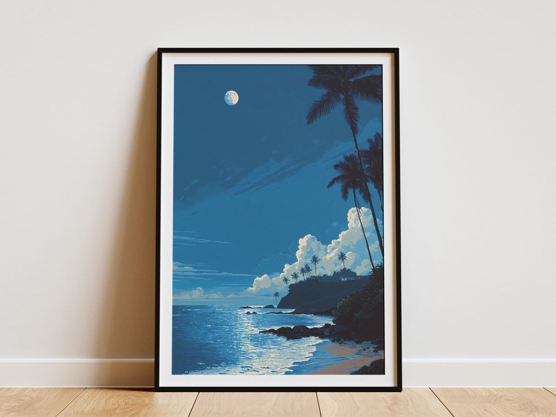 Moonlit Tropical Beach Night Palm Trees Ocean Waves Serene Poster