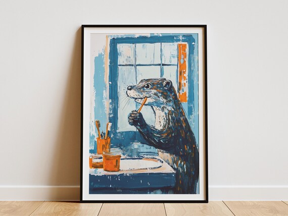 Otter Brushing Teeth At Blue Bathroom Sink Fun Animal Poster