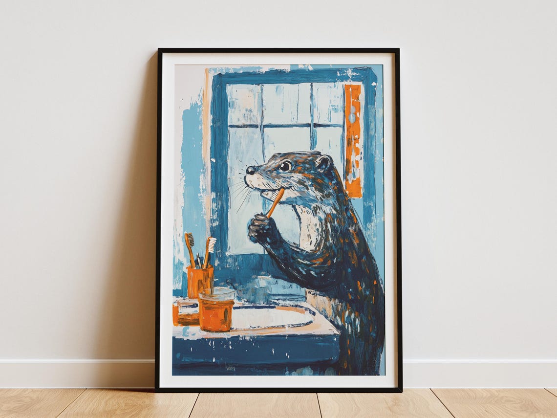 Otter Brushing Teeth At Blue Bathroom Sink Fun Animal Poster