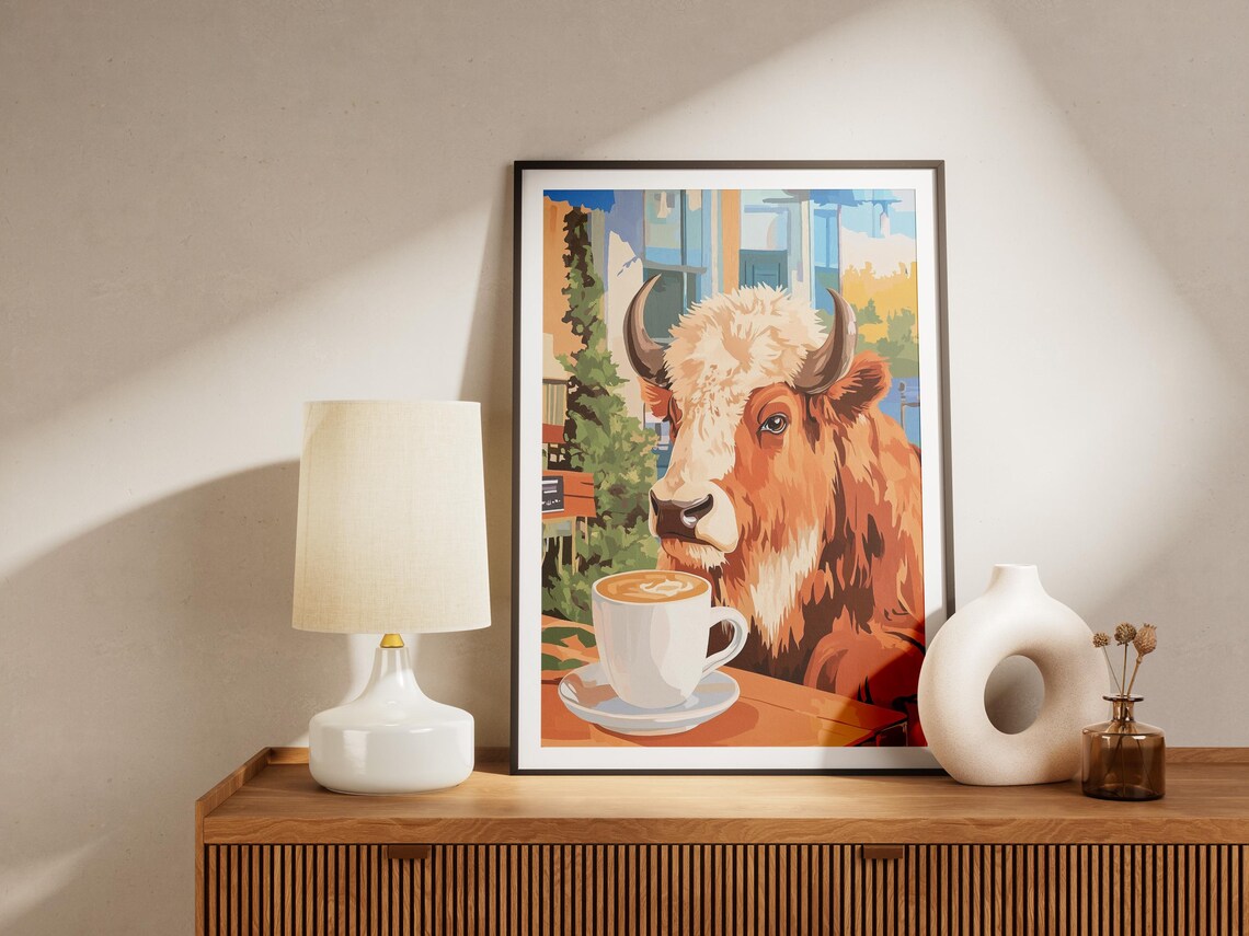Highland Cow Enjoying a Latte at a Sunny Cafe Terrace Animal Poster - Image 4