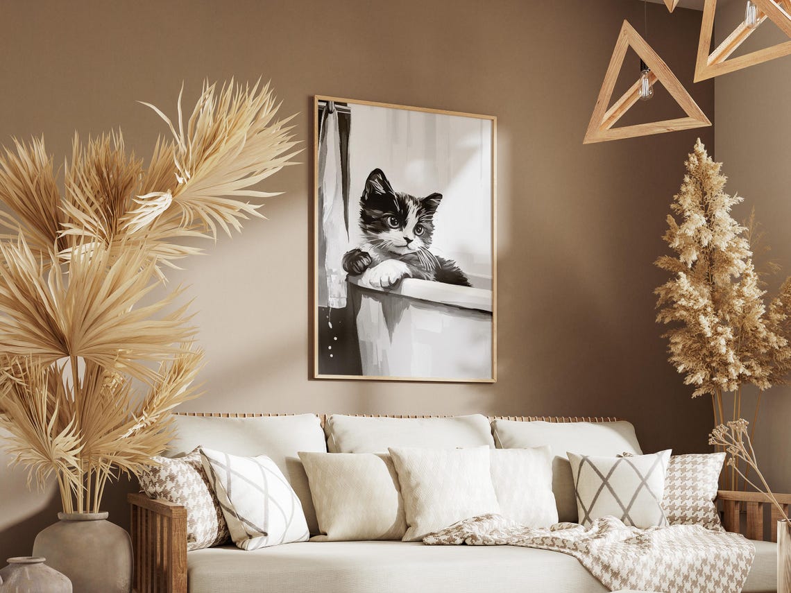 Munchkin Kitten Bathtub Poster Black And White Cute Cat Wall Decor - Image 3