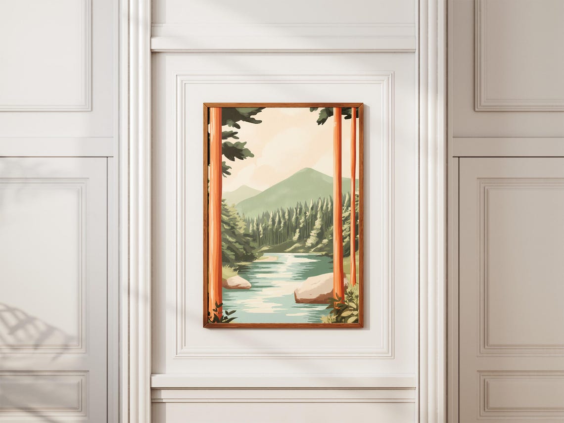 Forest River Between Towering Redwood Trunks Mountain Poster - Image 2