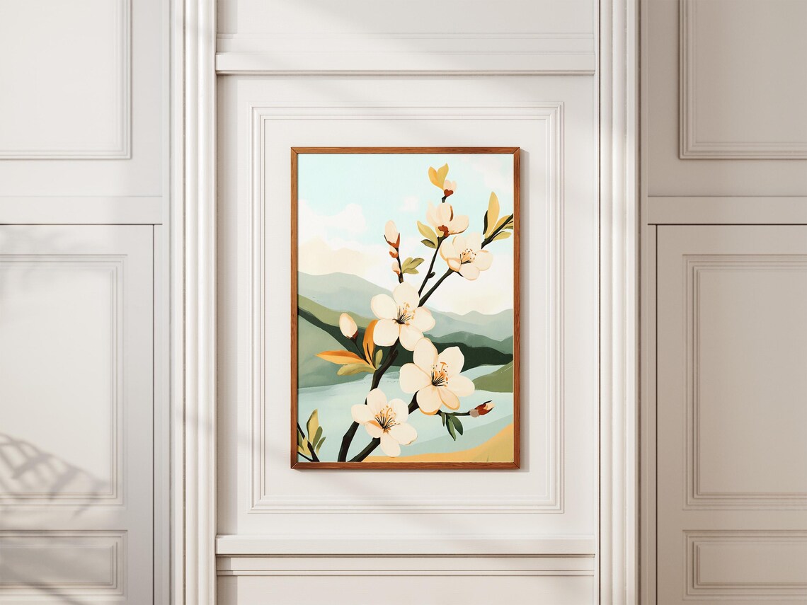 Spring Plum Blossom Branch With White Flowers And Green Hills Poster - Image 2