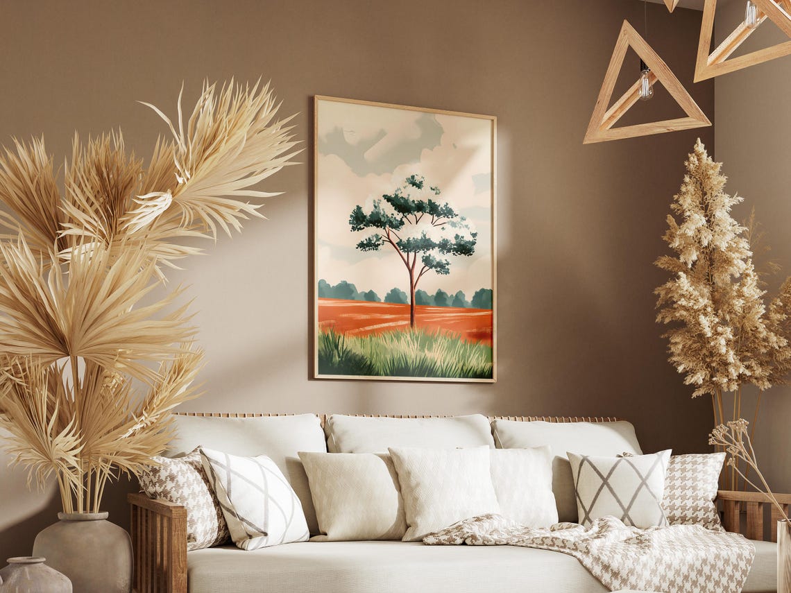 Lone Tree Standing In Orange Field Minimalist Landscape Poster - Image 3