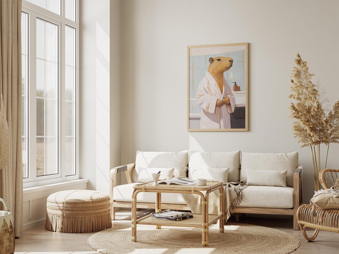 Chill Capybara Standing Tall in a White Bathrobe Bathroom Poster - Image 4