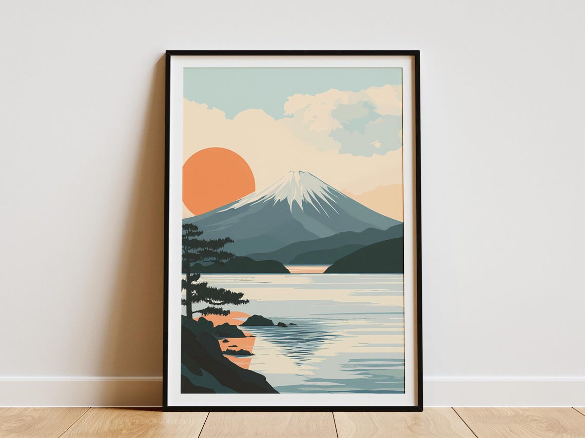 Mount Fuji Japan Sunrise Coral Sun Pine Lake Reflection Poster