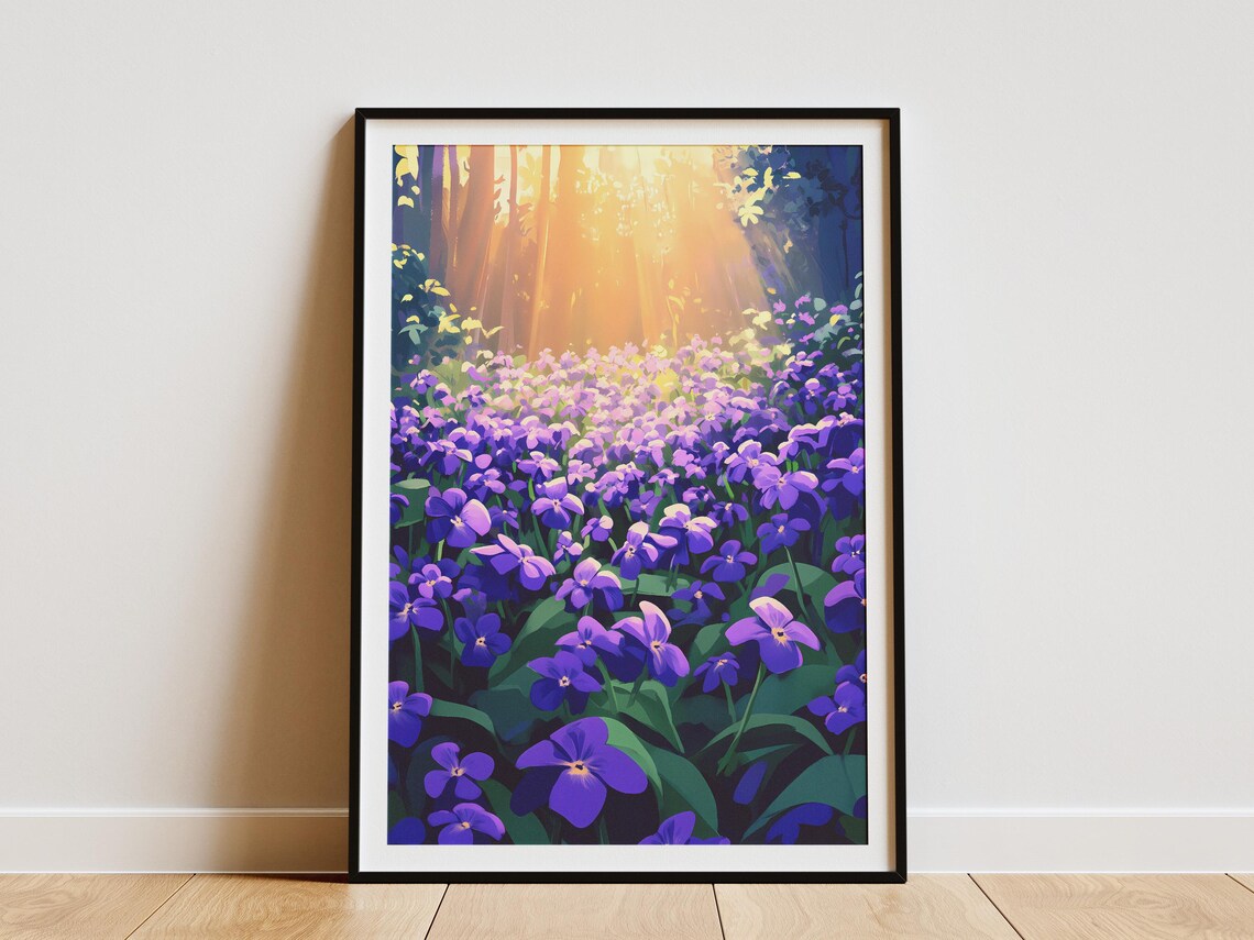 Sunlit Purple Violet Wildflower Clearing in the Forest Art Poster