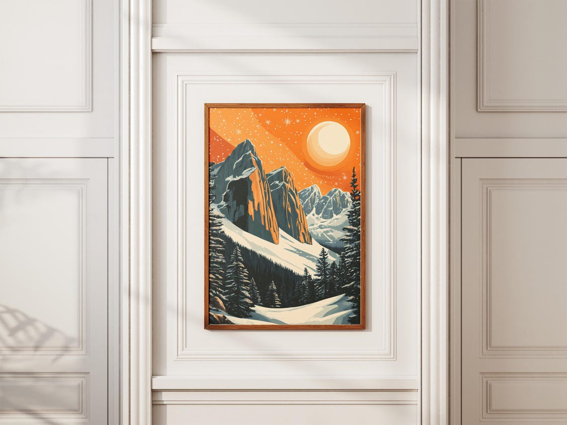 Rocky Mountain Winter Cliffs Under Orange Sunset Moon Poster - Image 2