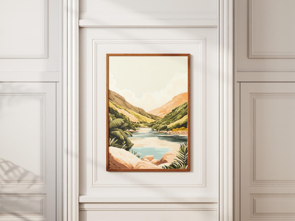 Calm River Valley Between Green Hills Tropical Landscape Poster - Image 2