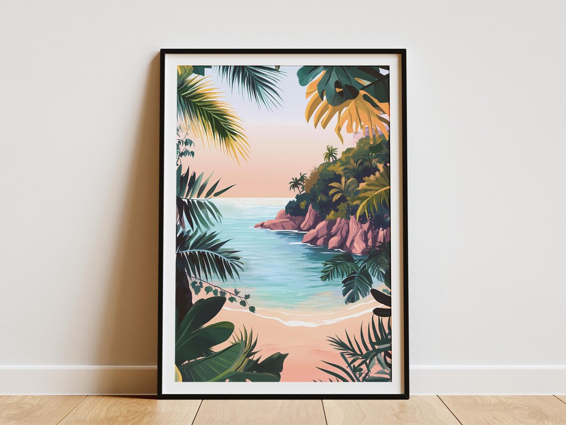 Hidden Tropical Cove Palm Leaves Turquoise Sea Calm Coastal Wall Art