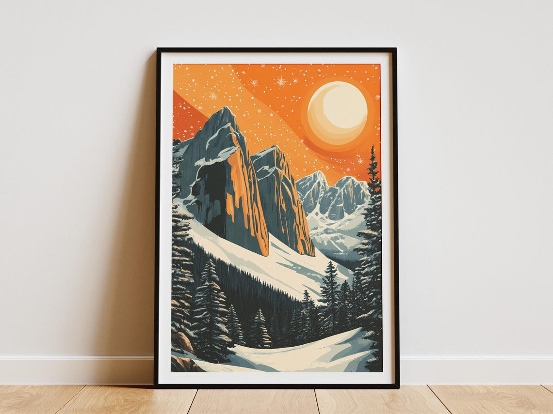 Rocky Mountain Winter Cliffs Under Orange Sunset Moon Poster