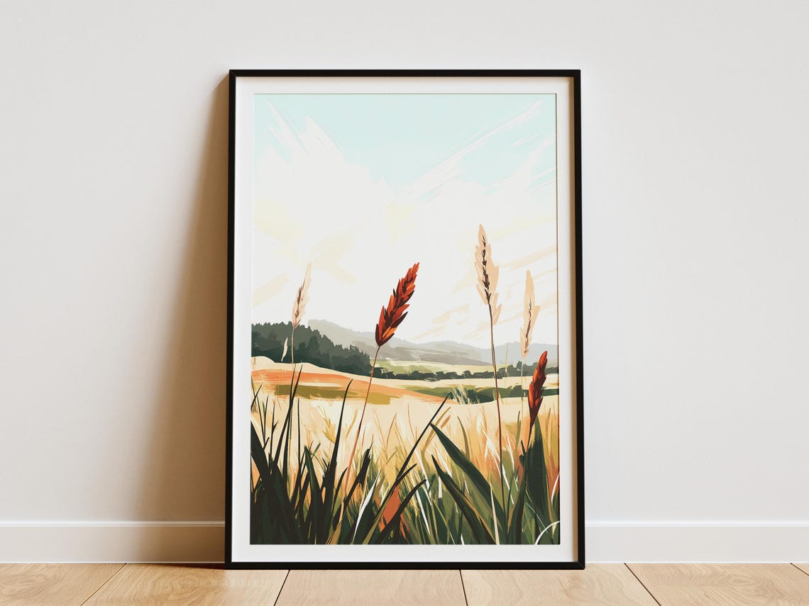 Calm Warm Golden Field Tall Grass Sunset Hills Landscape Poster