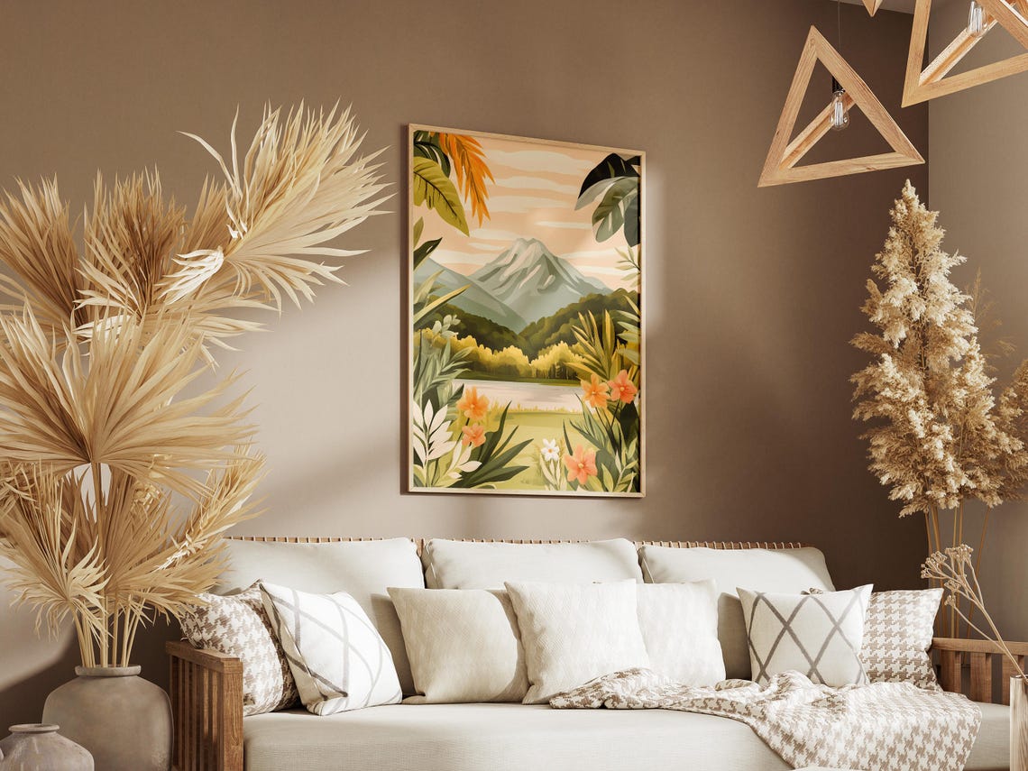 Snowy Mountain Peak Surrounded By Tropical Bloom Garden Poster - Image 3