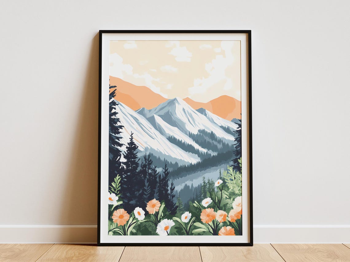 Misty Blue Mountains With Wild Daisies Botanical Landscape Poster