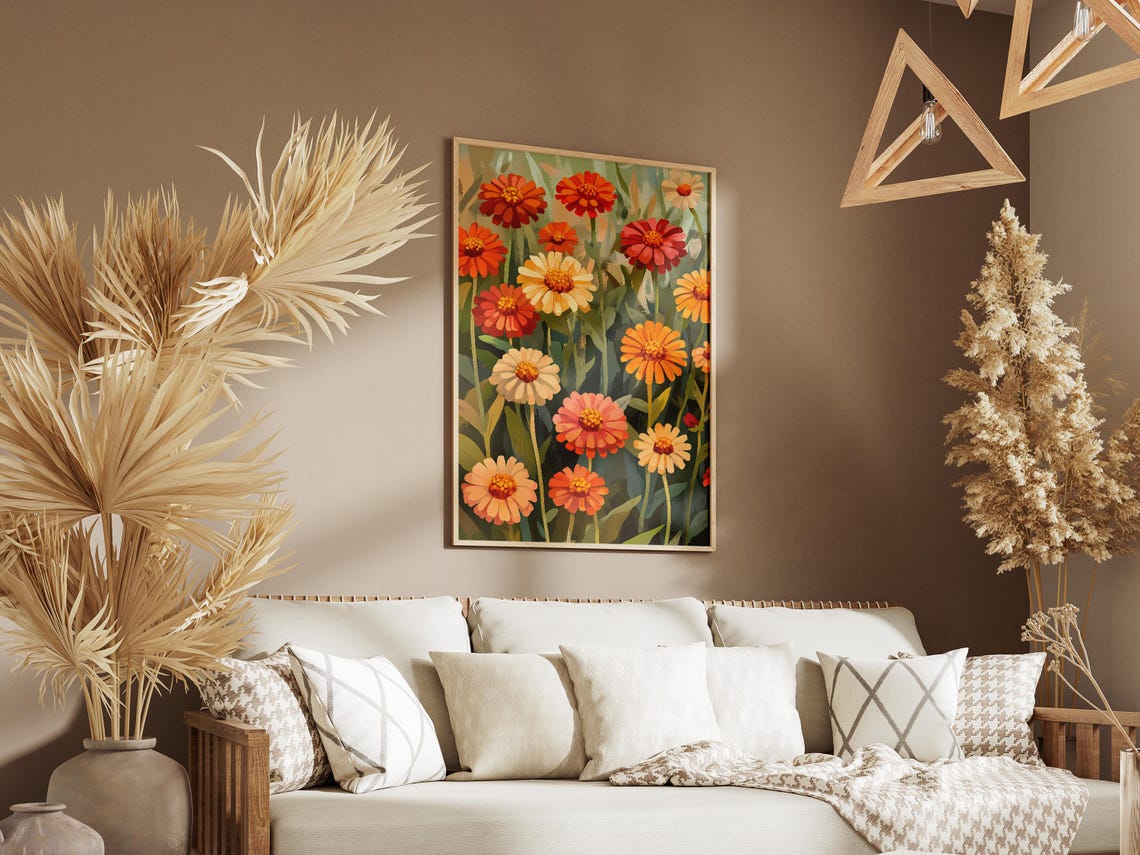 Zinnia Flower Field Warm Painterly Botanical Summer Wall Poster - Image 3
