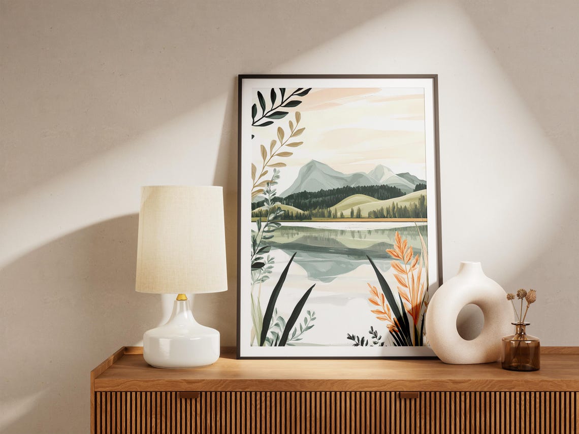 Botanical Lake Reeds Misty Mountains Serene Nature Art Poster - Image 5