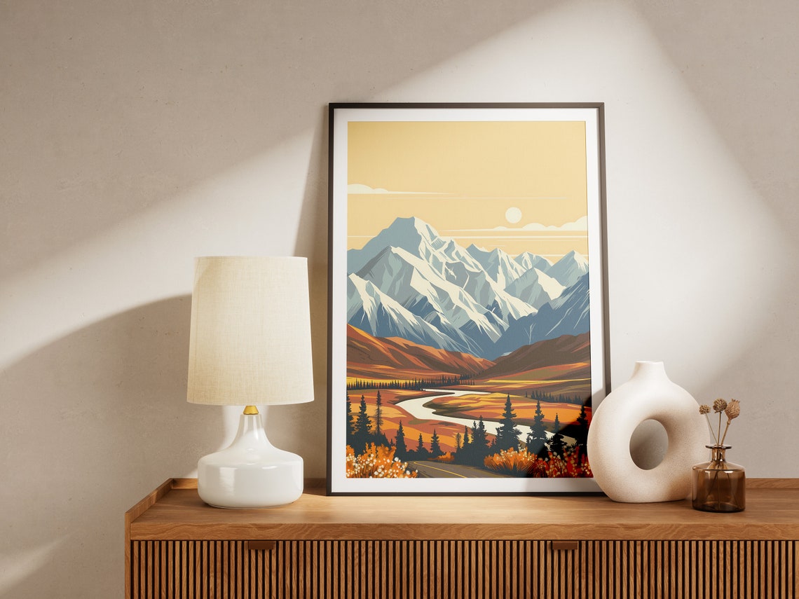 Alaska Denali Snow Peaks Autumn Wild Valley River Vintage Poster - Image 2
