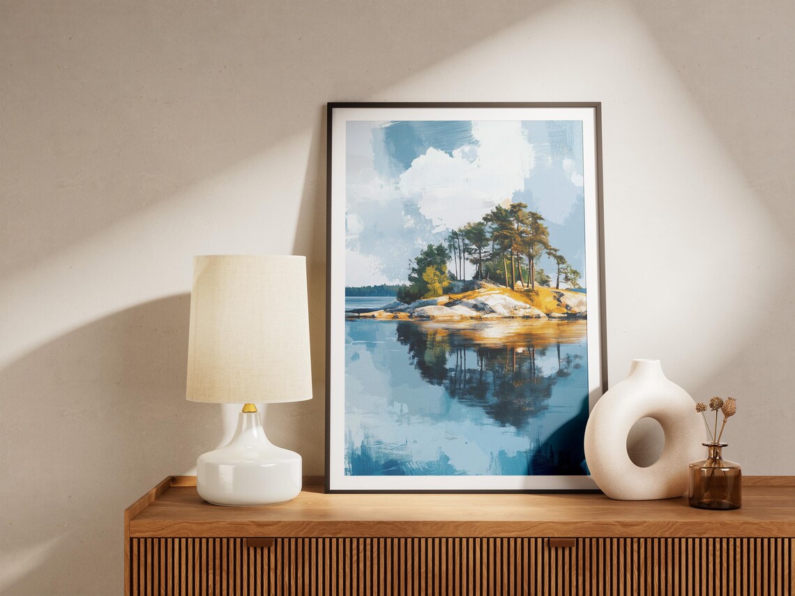 Rocky Pine Island Reflected In Calm Blue Water Serene Poster - Image 4