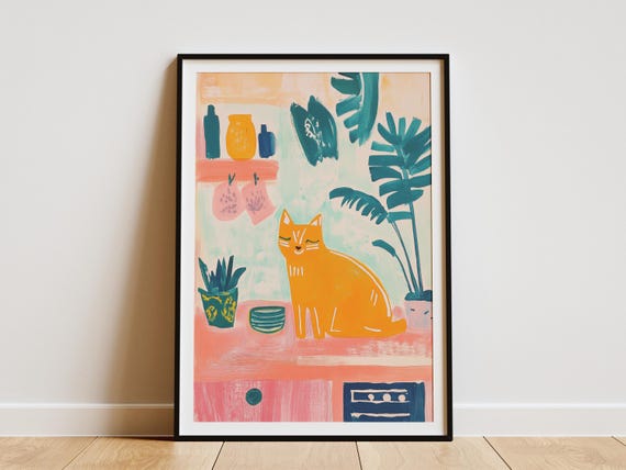 Cat Cooking Poster Matisse Style Kitchen Art Print Whimsical Home Decor Colorful Wall Orange