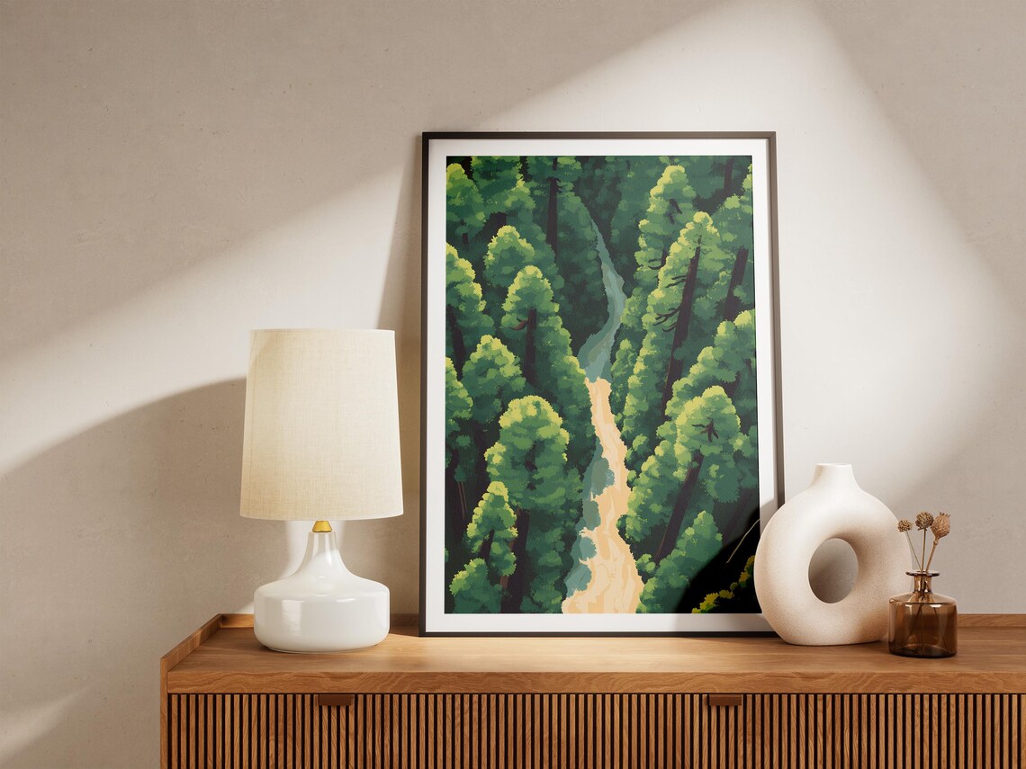 Aerial View of Redwood Forest Canopy and Winding Road Poster - Image 5