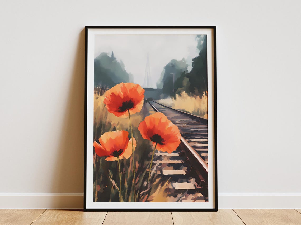 Red Poppies by Train Tracks Misty Railway Flower Art Scene Poster