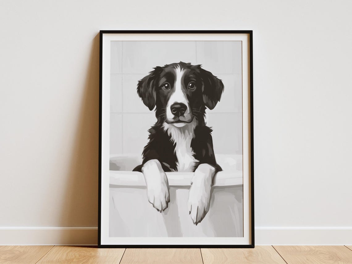 Border Collie Puppy In A Bathtub Black And White Puppy Art Poster