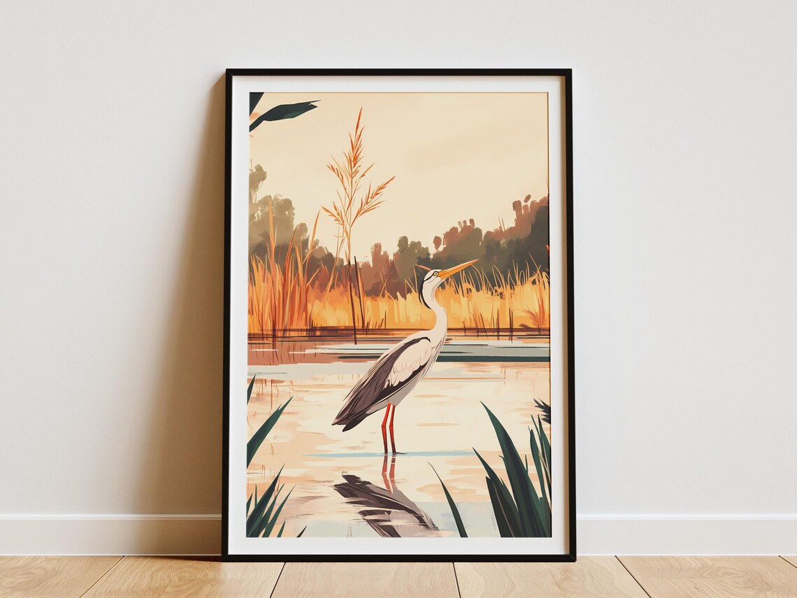 Anhinga at Sunset in a Golden Wetland Bird Illustration Poster