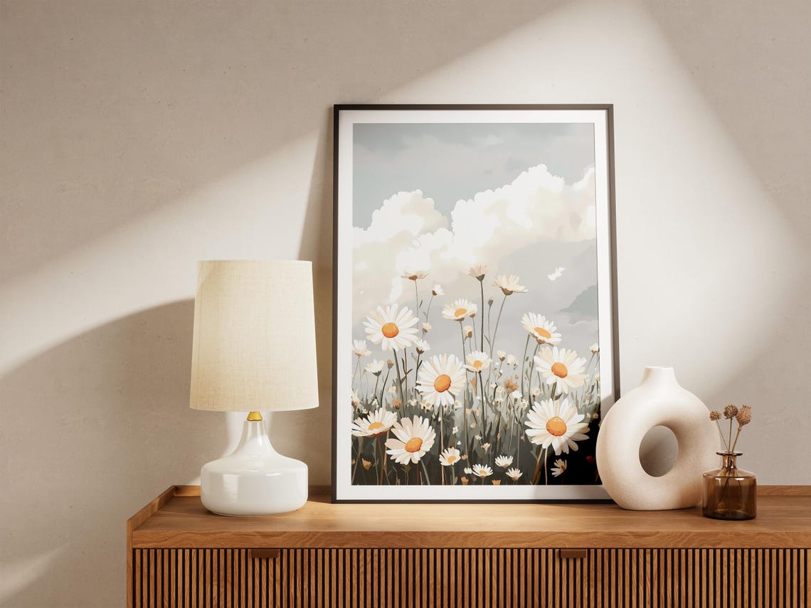 White Daisy Meadow Tall Stems Cloudy Sky Illustration Poster - Image 5