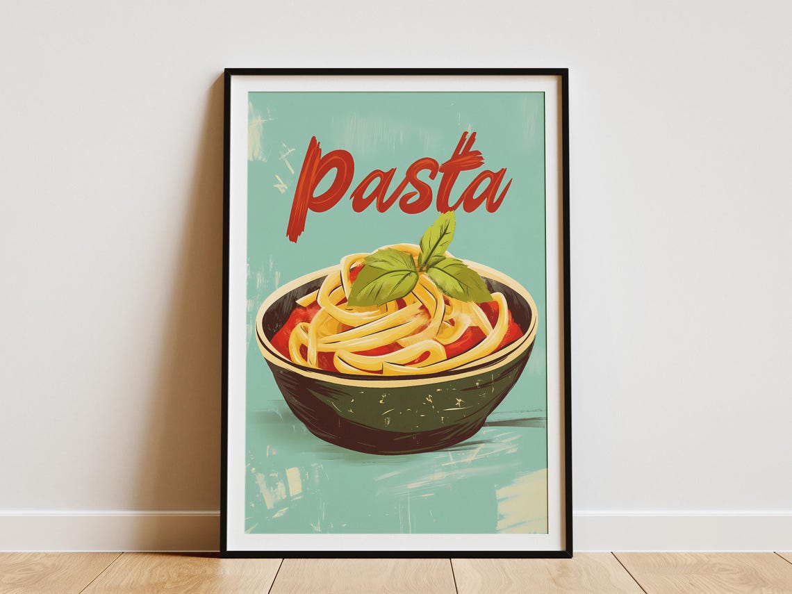 Pasta Spaghetti Basil Bowl Bold Red Retro Italian Food Poster