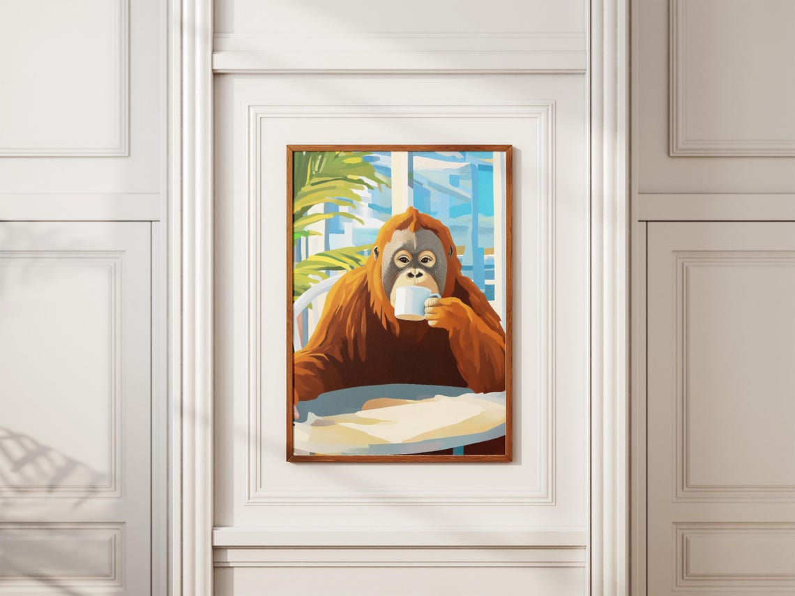 Calm Orangutan Sipping Coffee at a Tropical Cafe Table Poster - Image 2