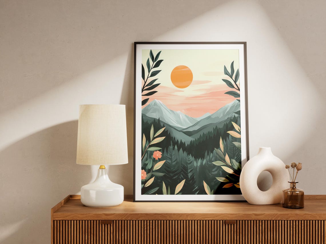 Sunrise Mountain Forest Poster, Minimalist Nature Art Print - Image 4