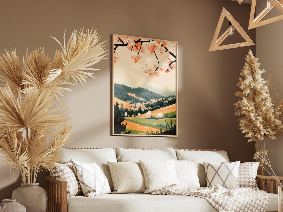 Pink Cherry Blossom Hills Rolling Golden Fields Pine Forest Art Poster - Image 3