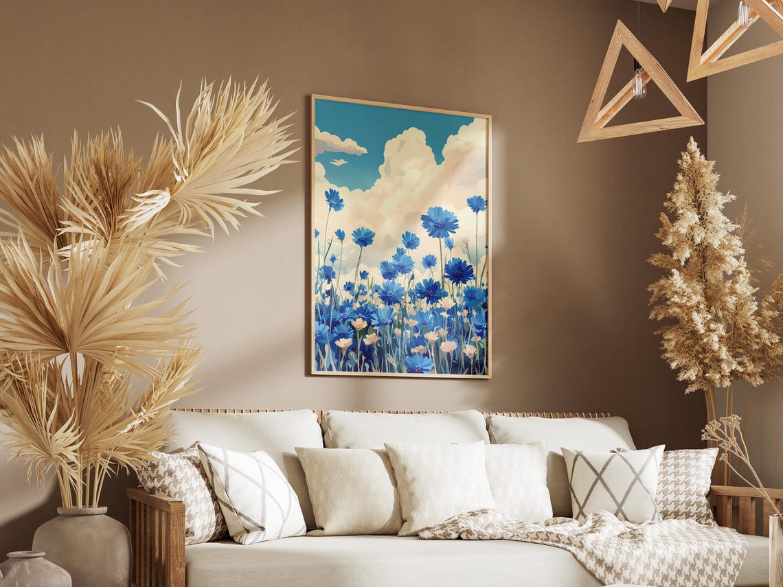 Blue Cornflower Field Summer Sky Clouds Upward Dreamy View Poster - Image 3