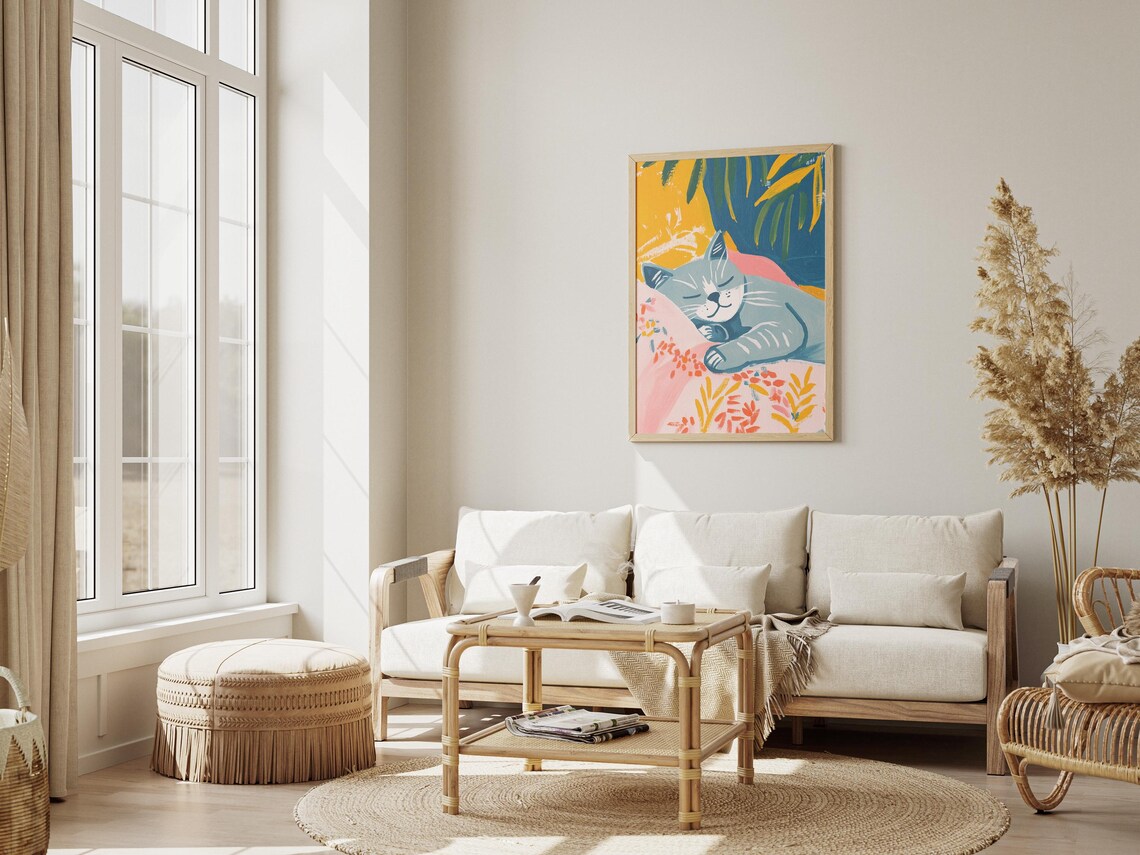Grey Cat Sleeping in Colorful Floral Bedding Whimsical Art Poster - Image 3