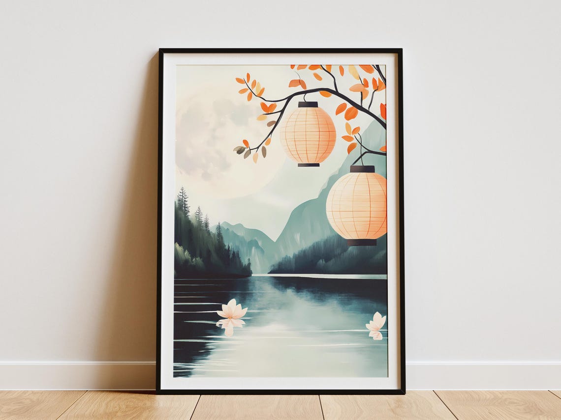 Paper Lanterns Over a Moonlit Lake With Lotus Flowers Poster