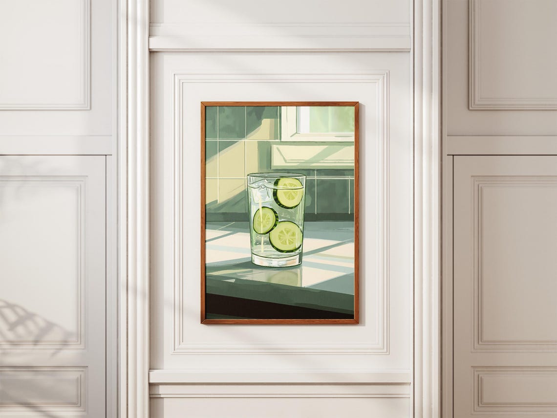 Cucumber Water Glass Fresh Slices Tiled Kitchen Still Life Poster - Image 2