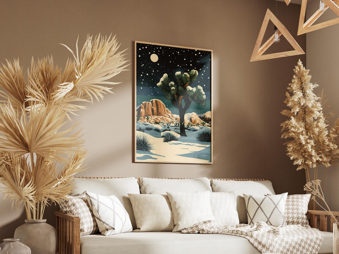 Snowy Joshua Tree National Park Under Moonlit Night Sky Poster - Image 3