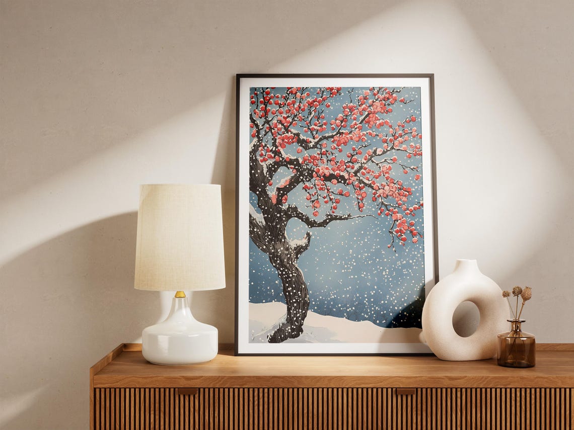 Snow Covered Plum Tree Red Blossoms Falling Snow Night Poster - Image 5