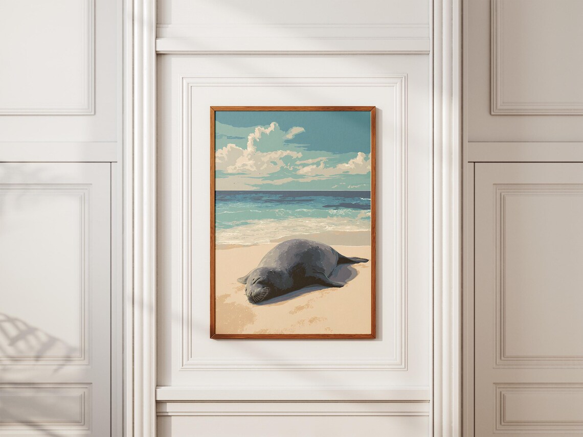 Sleeping Hawaiian Monk Seal Beach Ocean Scene Animal Art Poster - Image 2
