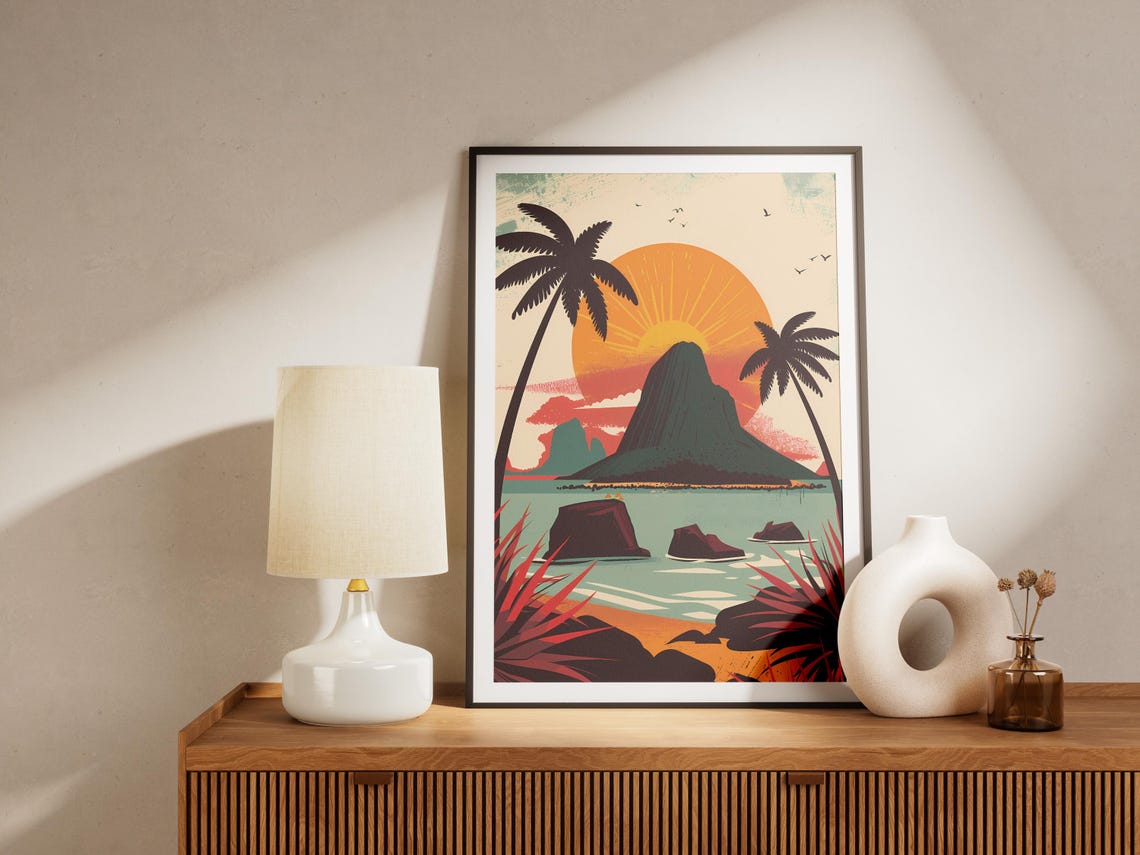 Tropical Island Sunset Palm Silhouette Mountain Peak Birds Poster - Image 2