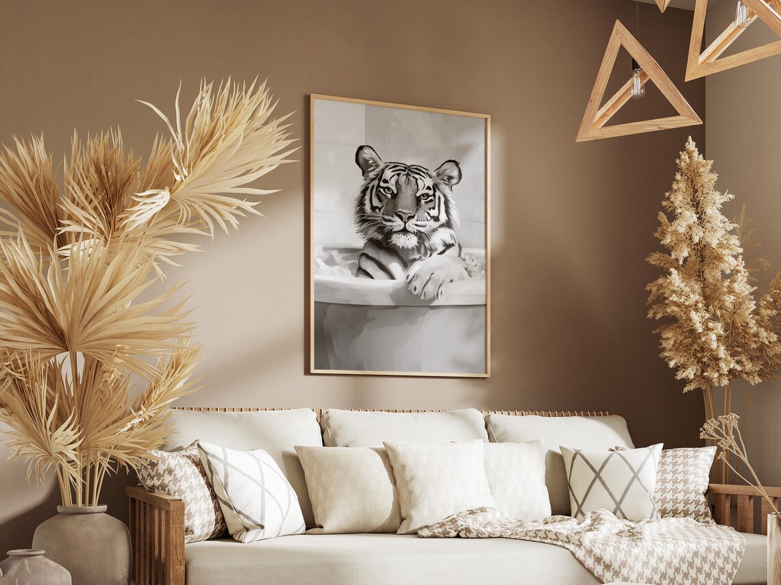 Tiger In Bathtub Poster Black And White Wild Cat Bathroom Wall Decor - Image 3