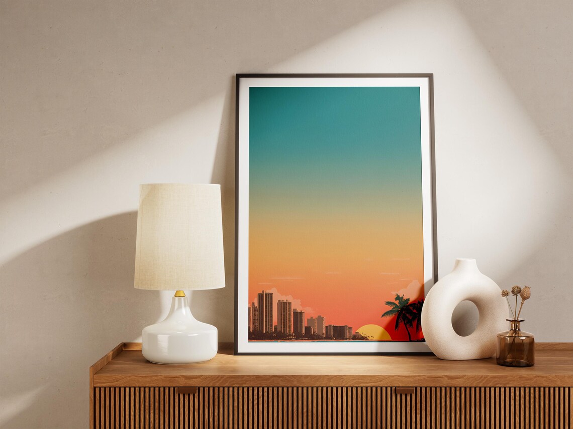 Waikiki Honolulu Skyline Sunset Palm Trees Vintage Travel Poster - Image 4