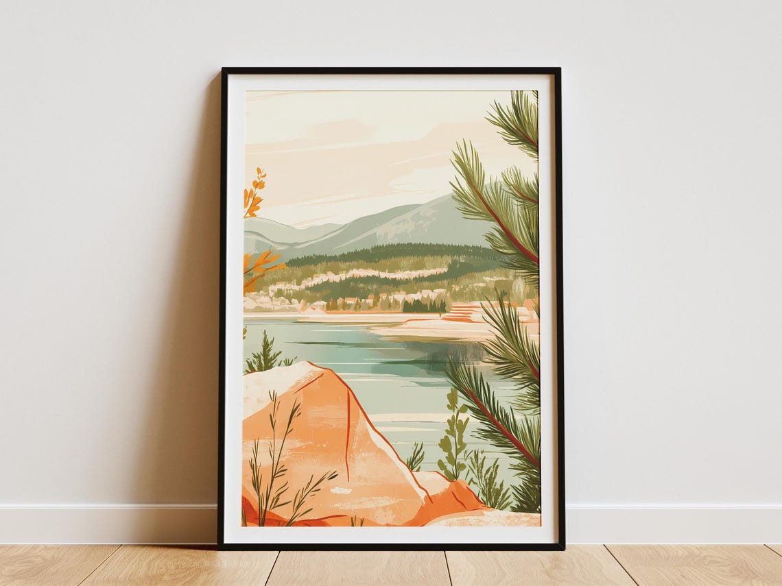 Rocky Shore Calm Lake Warm Mountain Vista Landscape Scene Poster
