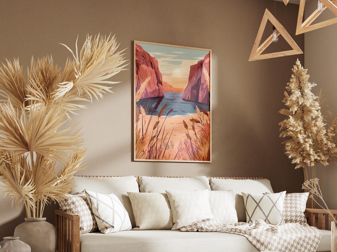 Sunset Over Red Rock Canyon Lake Golden Hour Illustration Poster - Image 3