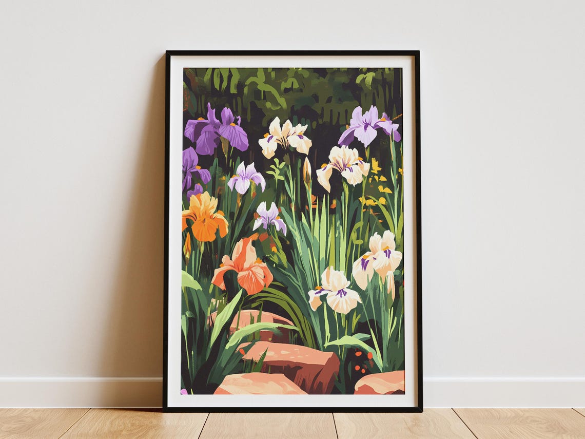 Multicolor Iris Garden Bed Poster With Purple White and Orange Blooms