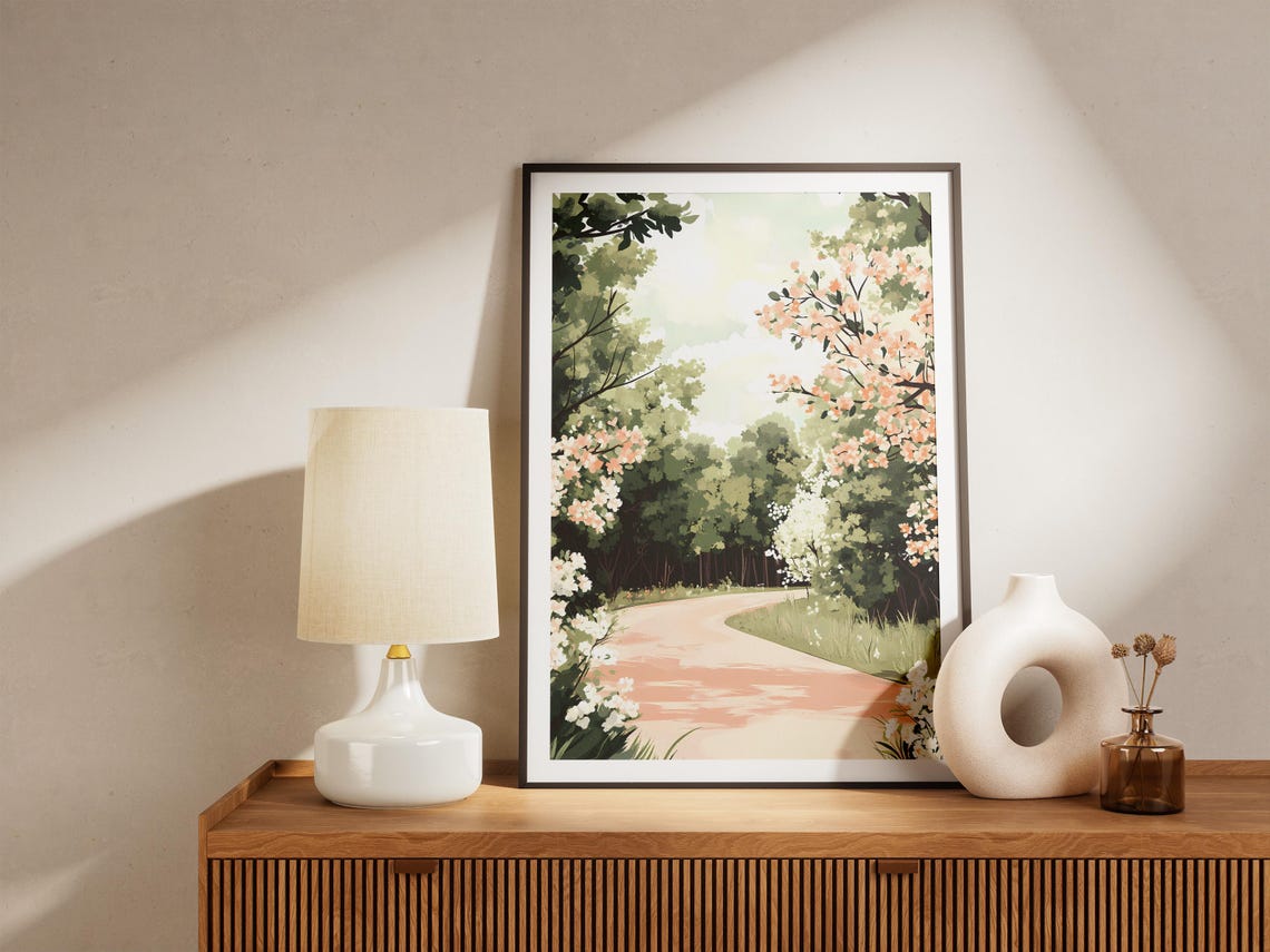 White Flowering Shrubs Lining A Winding Garden Path In Spring Poster - Image 5